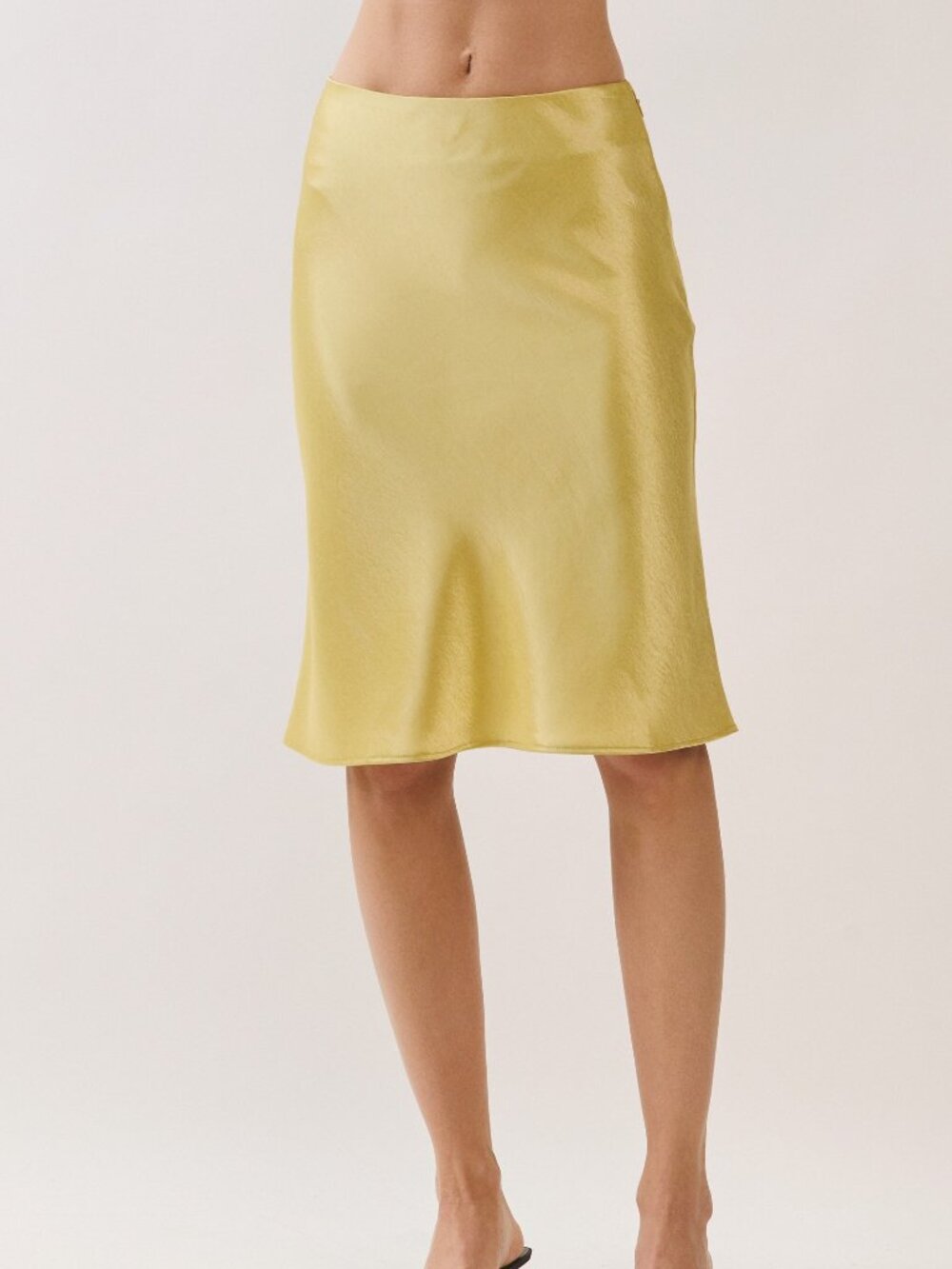 NWT Yellow Lime High Shine Satin Knee Length Midi Skirt Classic Cut